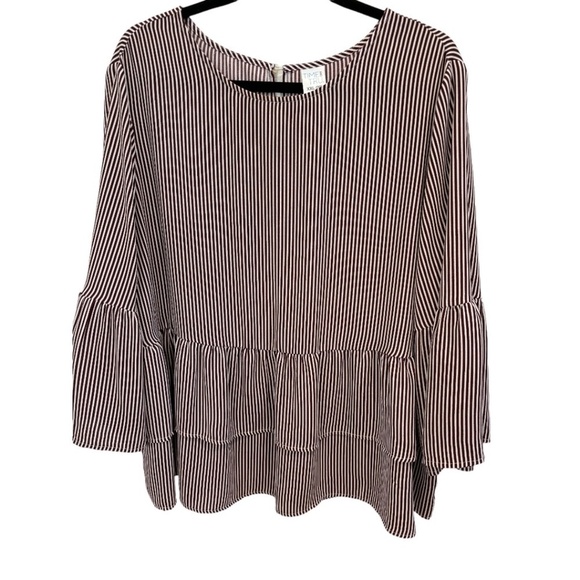 Time & Tru Tops - Time & Tru Plus Size Burgundy Stripe Bell Sleeve Ruffle Hem Top Size XXL